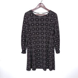 Loft Geometric Dark Floral Long Sleeve Soft & Stretchy Mini Dress Black Brown